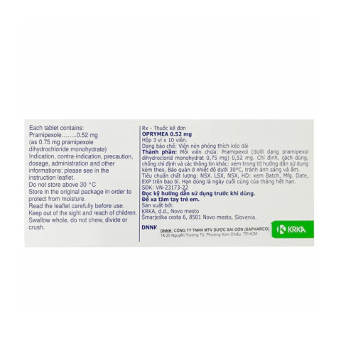 Oprymea 0.52mg Krka điều trị các triệu chứng của bệnh Parkinson 30 viên